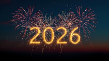 Festive New Year fireworks animation with glowing number moving slowly forward, sparkling lights in the night sky, celebratory holiday background.