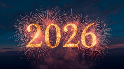 Festive New Year fireworks animation with glowing number moving slowly forward, sparkling lights in the night sky, celebratory holiday background.