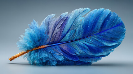 Vibrant blue feather with brown quill on gray background, symbolizing freedom and creativity, perfect for design projects, presentations, and marketing materials
