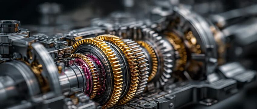intricate engine interior workings with smoothly spinning gears