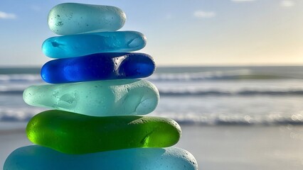 Stack of Vibrant Sea Glass Pieces on a Beach at Sunset
