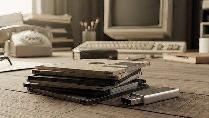 Stack of Vintage Floppy Disks and USB Drive on Wooden Desk with Old Computer
