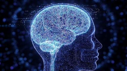 Abstract visualization of a digital brain with circuit patterns, representing artificial intelligence, technology, data processing, and cognitive computing concepts
