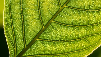 Vibrant green leaf backlit by natural light, revealing intricate vein patterns and delicate dew drops. A macro shot highlighting nature's detailed organic beauty and vitality
