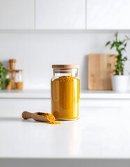 Turmeric powder in glass jar with wooden scoop on white kitchen counter