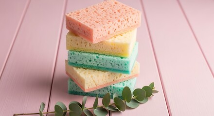 Stack of colorful kitchen sponges in pastel shades of pink, yellow, and bluegreen, arranged on a pink wooden surface with a sprig of eucalyptus