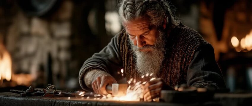In the backdrop of a stone workshop, flames flicker as a Viking blacksmith with a white beard and braided hair works diligently at a forge, pounding glowing metal on an anvil.