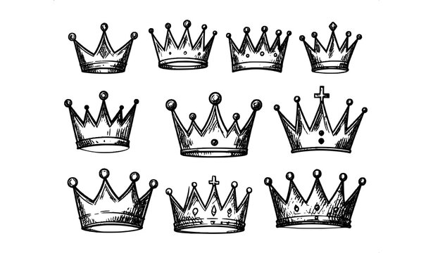 Doodle royal crown line art vector set with king queen tiara and diadem sketches