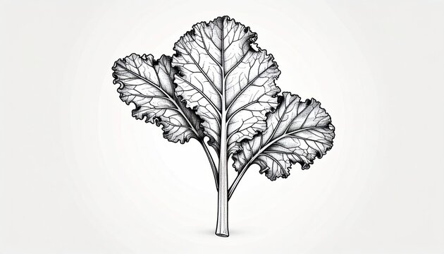 Detailed botanical illustration of kale leaves in black and white.