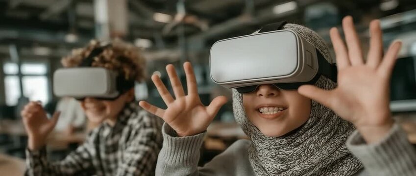 Excited refugee kids investigating virtual worlds in a digital classroom, symbolizing access to modern education, STEM inclusion, and the next wave of capable global citizens