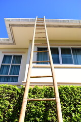 wood ladder for repair house's gutter before rainy season