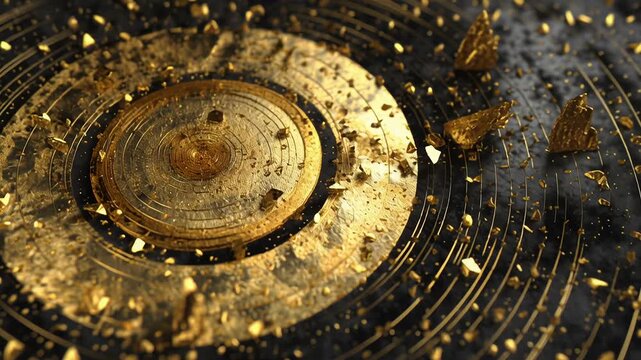 A gold circle with a lot of rocks surrounding it. Symbolic gold stability imagery, refined metallic texture, clean secure composition, gold financial resilience