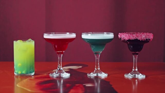 Conceptual static frame showing four drinks as isolated social reality bubbles