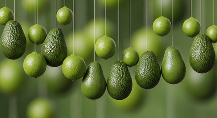 A vibrant display of fresh avocados and limes, artfully suspended by strings against a soft green, blurred background