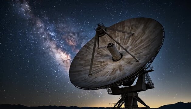 Dish giant array beneath starry large positioned expansive breathtaking illuminated celestial band countless, radio telescope, milky way, night sky.