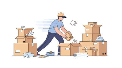 Efficient Logistics Worker Organizing and Handling Numerous Cardboard Packages, Highlighting Swift Delivery, Moving, and Shipping Services