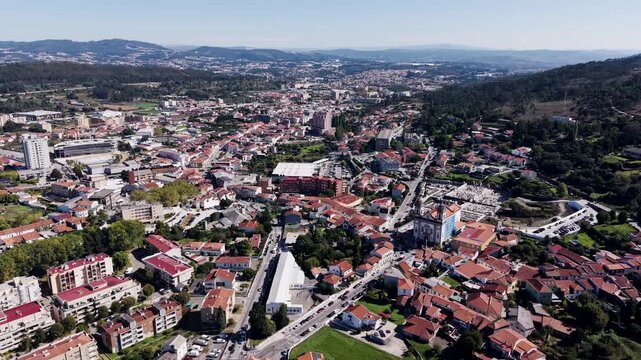 Aerial view over Valongo city showing urban area and surrounding hills