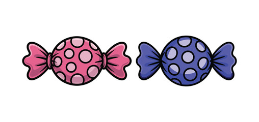 Duo of colorful hard candies wrapped in polka dot paper for sweet shop promotion and festive holiday celebration art