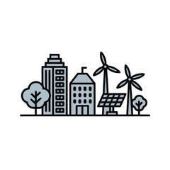 Smart city with green energy concept, buildings, wind turbines and solar panels, line art style illustration