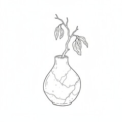 A delicate cracked vase holds a small wilting branch illustrating fragile beauty