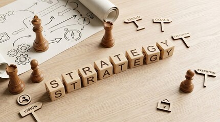 Wooden cubes spelling 'Strategy' on modern table, chess pieces and roadmap elements, leadership planning concept, business theme