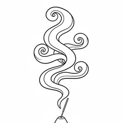 A serene monochrome depiction of a burning incense stick releasing swirling aromatic vapor