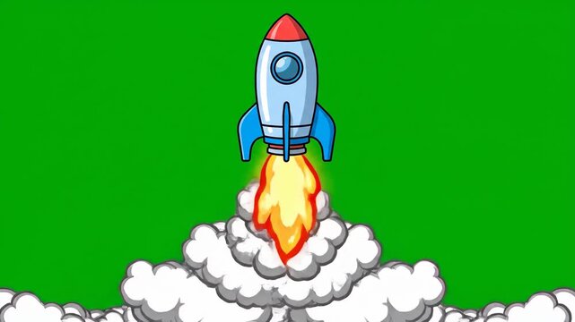 A cartoon rocket launching into the air with a trail of fire and smoke against a green background.