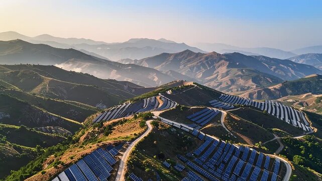 山並みに沿って広がるメガソーラーと太陽光パネルの発電風景