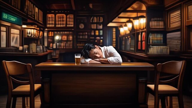 お店の奥で泥酔した男性の酔っ払いが静かに寝る夜の店内