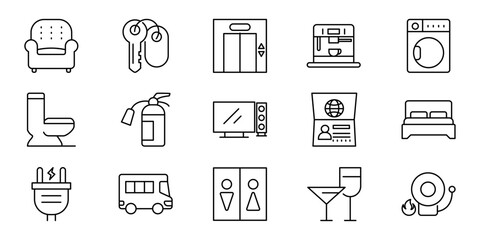 Fototapeta premium Collection of icons representing amenities and objects for home, travel, and public spaces