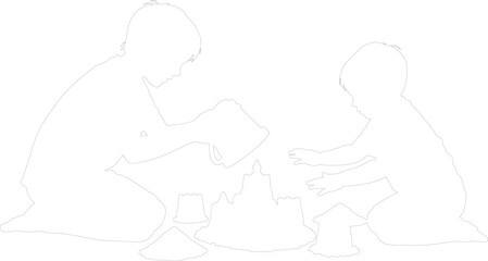 Fototapeta premium Two children playing in sand building sandcastle silhouette outline vector illustration