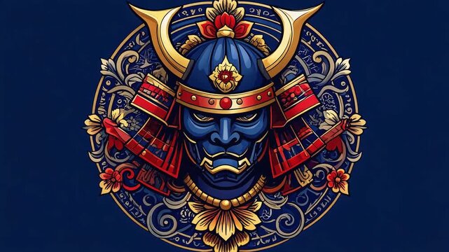 華麗な兜を中心に据えた武将の力強さが際立つ装飾的表現