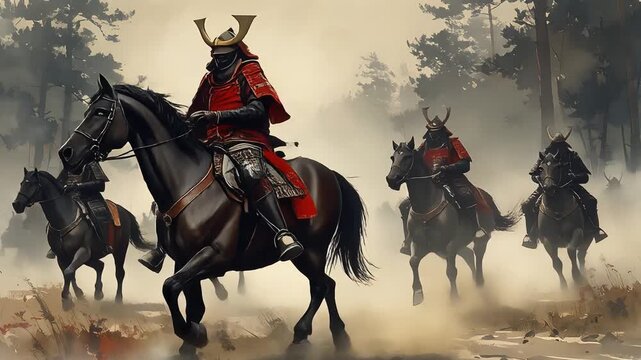 戦国の軍略に基づき部隊が騎馬で進軍する緊張感あふれる合戦前の情景