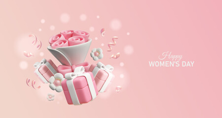 3D banner with a plastic bouquet of roses, gift boxes, and confetti on a soft pink background.