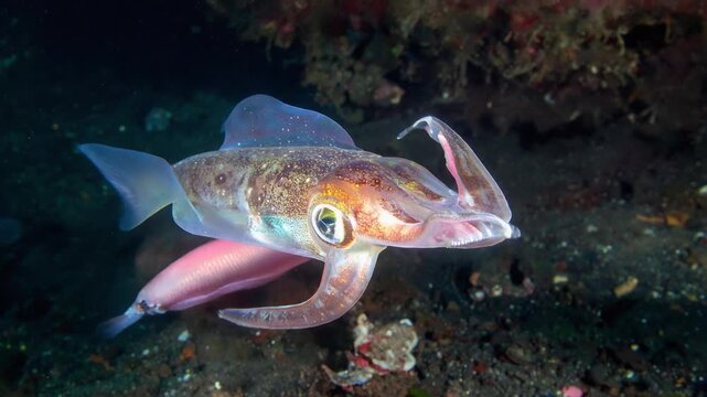 水中でアオリイカがエギに反応するエギング釣りの決定的瞬間