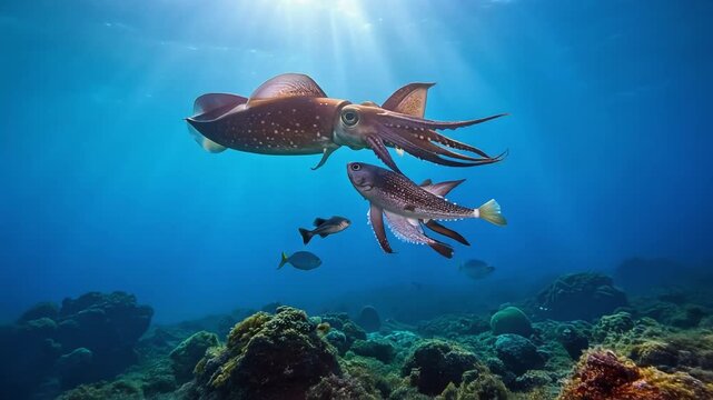 群青の海でアオリイカの捕食シーンが鮮明に分かる生態的瞬間