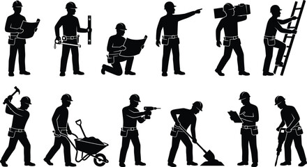 Construction worker silhouette set showing builders with tools planning lifting digging ladder tasks isolated on white background vector illustration