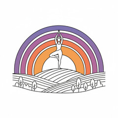 Peaceful Yoga Tree Pose Woman Under a Colorful Rainbow Sky on Rolling Hills