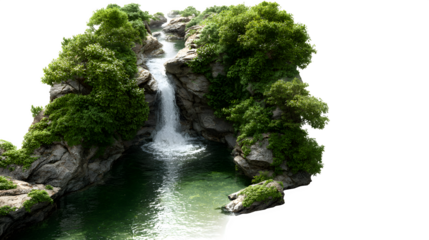 A small, secluded waterfall hidden deep within a lush, green gorge, its waters falling into a clear, inviting pool, isolated on a Transparent background