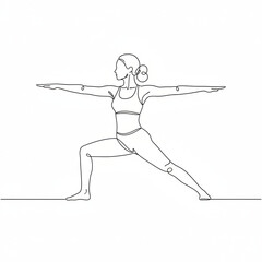 Elegant continuous line art depicting a woman practicing a balancing yoga pose