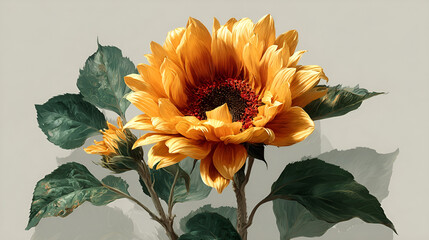 Vibrant isolated sunflower with lush green leaves and delicate petals on plain background, perfect for decoration and design