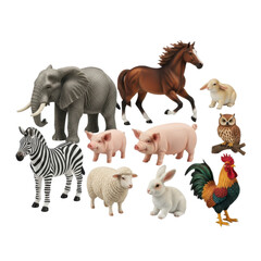 Collection of animal figurines isolated on transparent background