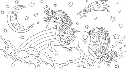 Unicorn coloring page, fantasy clouds and rainbow, magical moon and stars, dreamy cartoon sky, kids printable art, flat vector illustration © PORI 