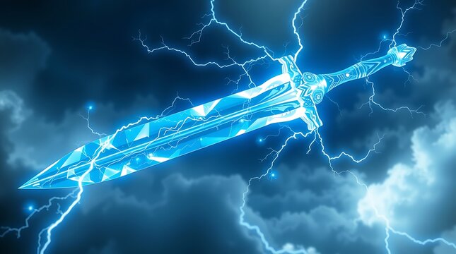 A fantasy ice sword with thunder and lighting designs in a dark blue background