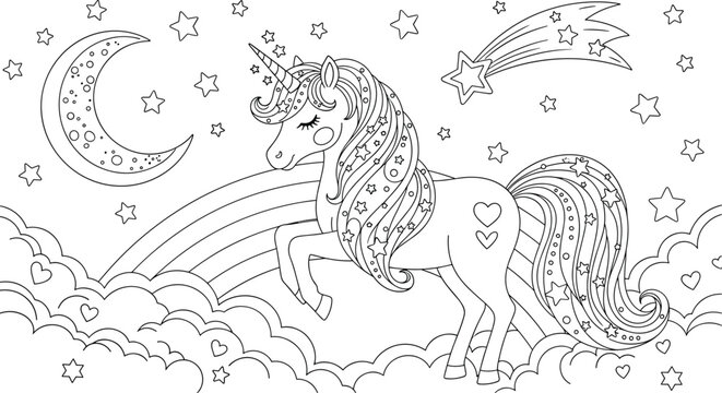 Unicorn coloring page, fantasy clouds and rainbow, magical moon and stars, dreamy cartoon sky, kids printable art, flat vector illustration