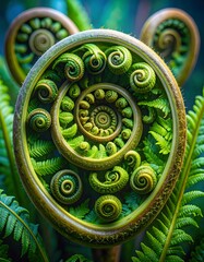 Unfurling fern frond reveals intricate spiral patterns in a lush green forest setting