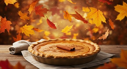 Pumpkin pie with cinnamon sticks on a wooden table with falling autumn leaves.