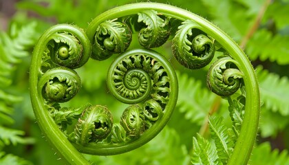 Unfurling fern frond with spiral pattern and vibrant green hues in a lush forest