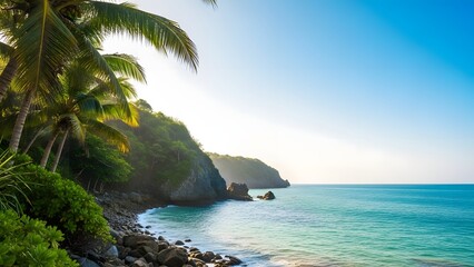 Fototapeta premium Serene tropical ocean bay with palm trees and rocky shore