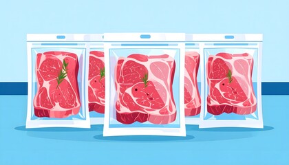 Vacuum-sealed raw steaks with rosemary sprigs, arranged on a light blue surface